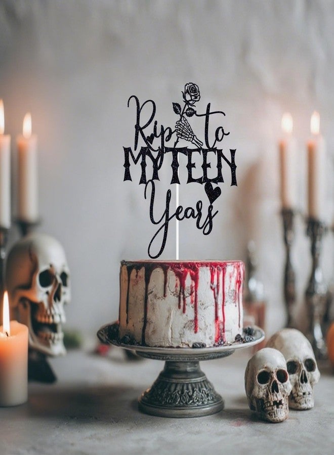 ZACHAKO Black Glitter Rip to My Teen Years Cake Topper, Skeleton Skull Hand Rose Birthday Décor, Gothic Old English Themed 20th Birthday Party Decorations - Image 5